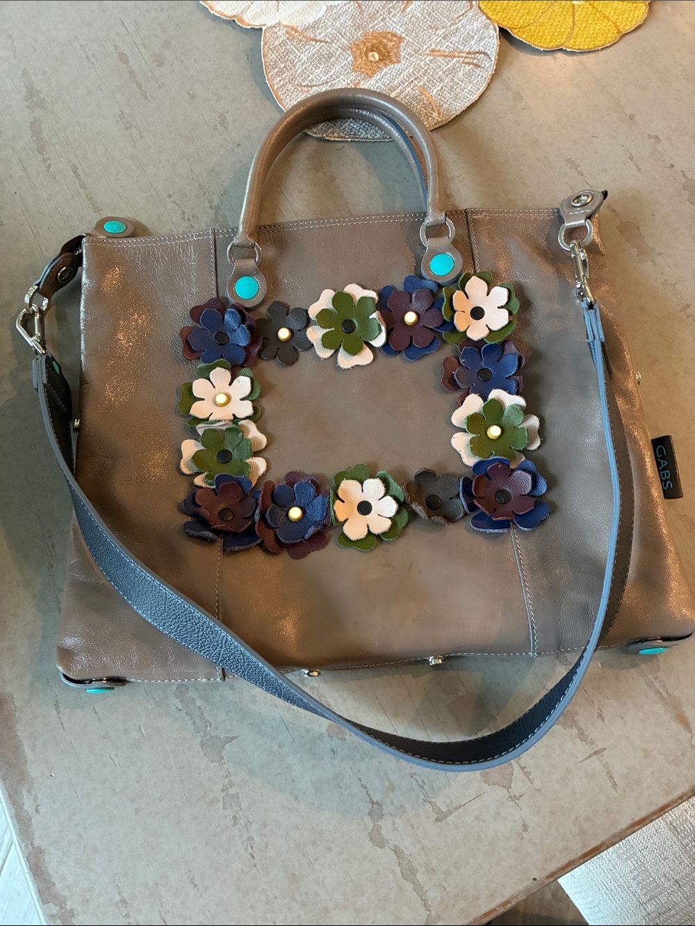 GABS Gray Leather Tote with Floral Appliqué and Detachable Strap
